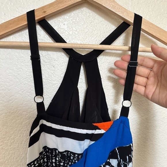 Twelfth St. by Cynthia Vincent Blue Black Orange Abstract Front Cross Maxi Dress - Picture 7 of 10